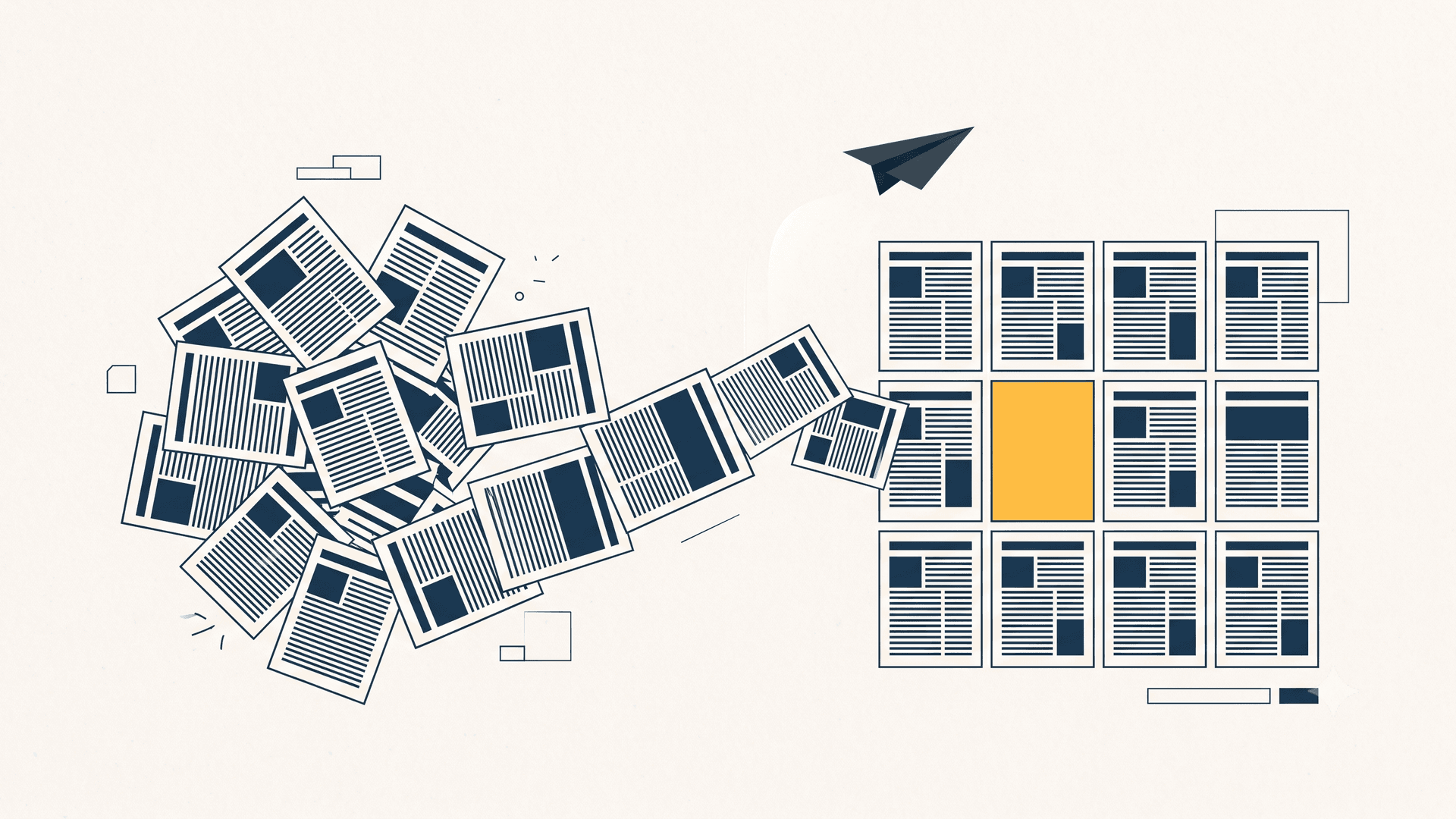 Editorial illustration for Blog Platform, the full-stack publishing platform: printed pages arranging themselves into ordered publishing columns, one page highlighted in amber.