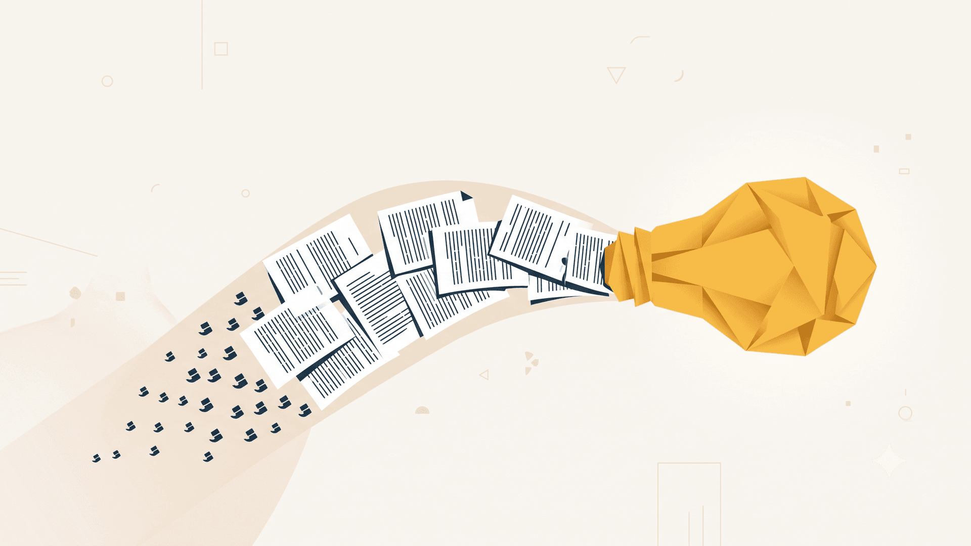 Editorial illustration for FYP Idea Generator, the idea engine backed by real academic literature: a stream of research papers flowing into a single bright bulb of folded paper.