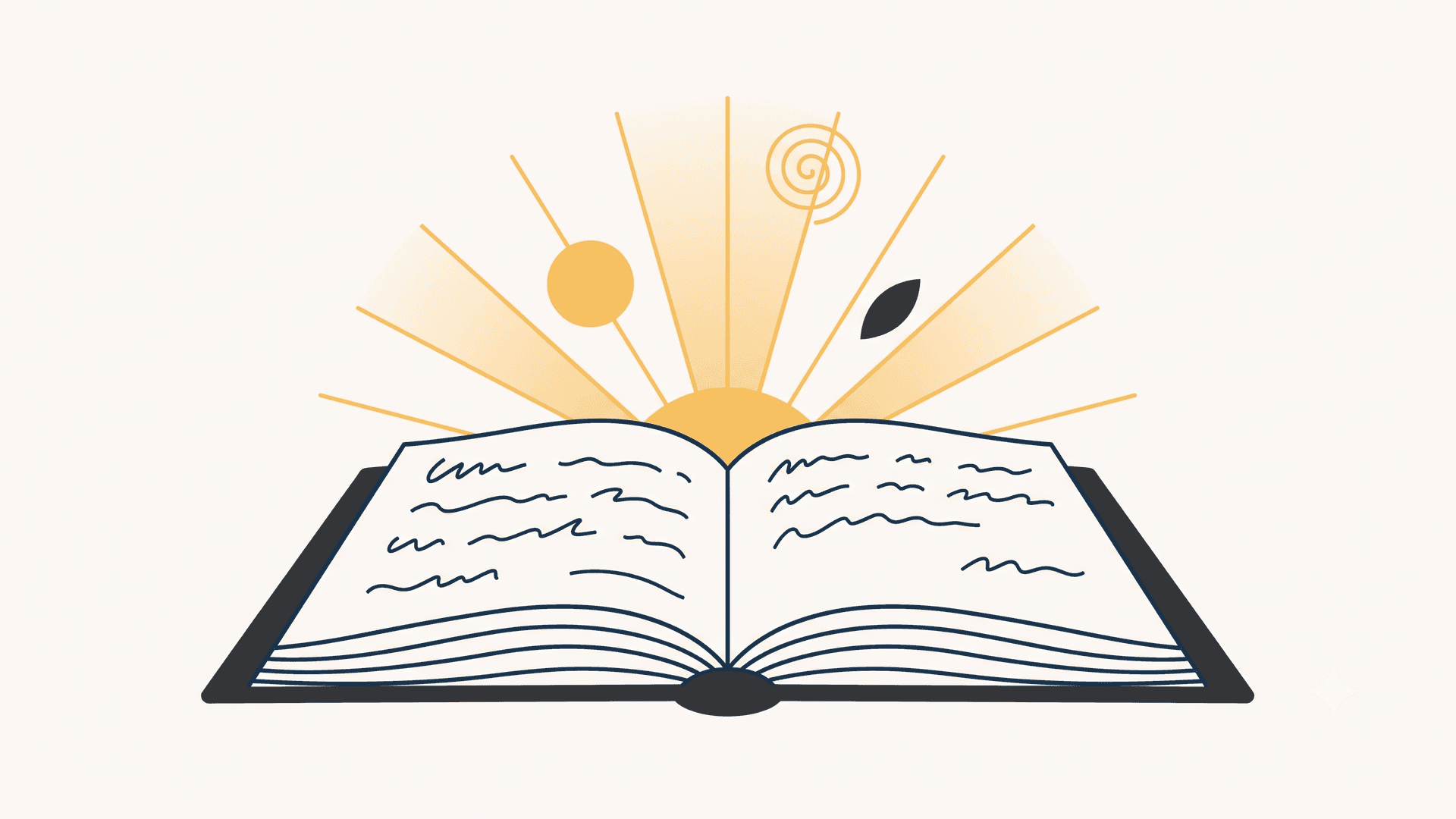 Editorial illustration for Radiant Thought, the AI journaling app that turns entries into reflective insight: an open journal with rays and reflective forms rising from its pages.