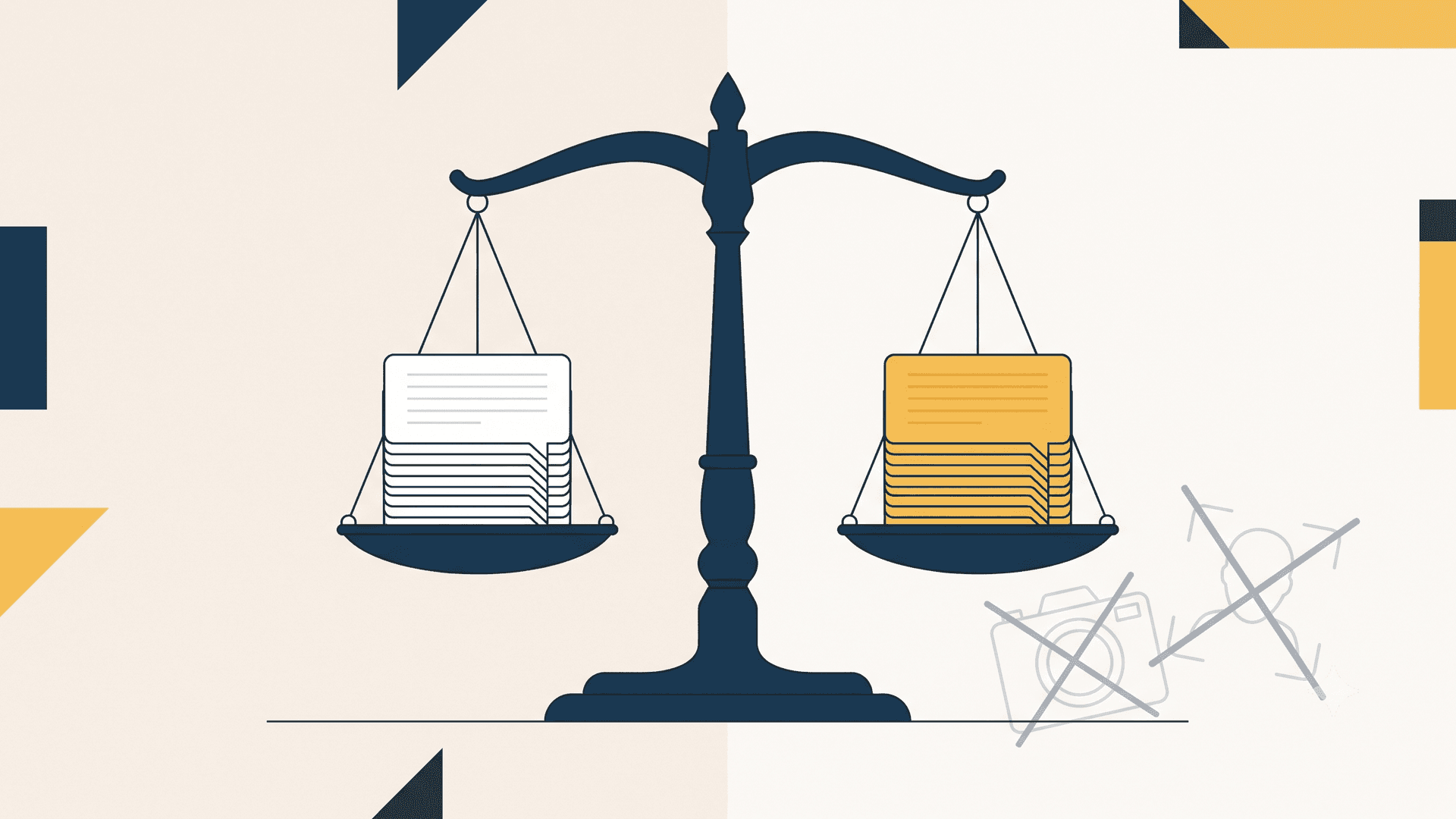 Editorial illustration for Recruitimate, the hiring platform that scores candidates on what they actually say: stacks of interview transcripts weighed on a balance scale, with face-scanning tools crossed out beside it.