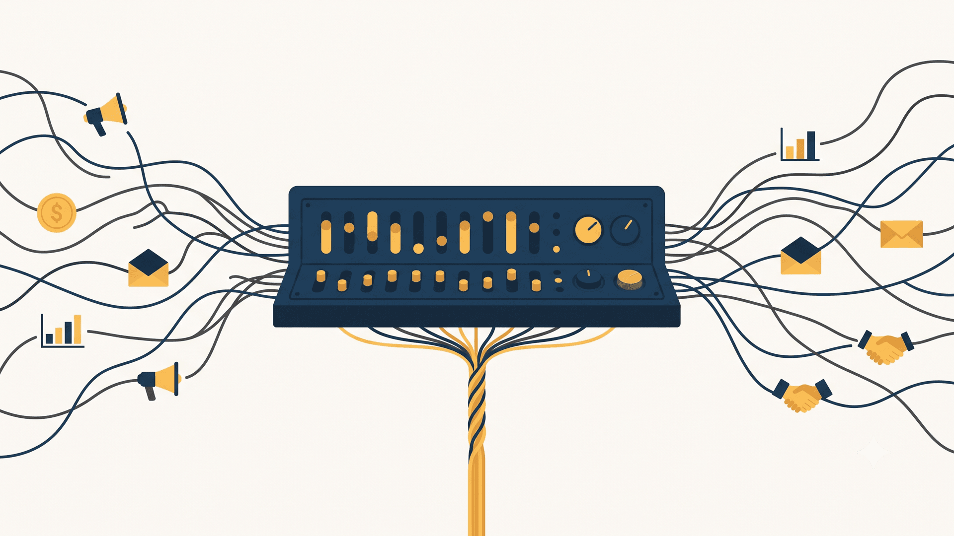 Editorial illustration for Zovo, the enterprise marketing platform: scattered campaign threads carrying megaphones, coins, and charts weaving into one ordered switchboard console.